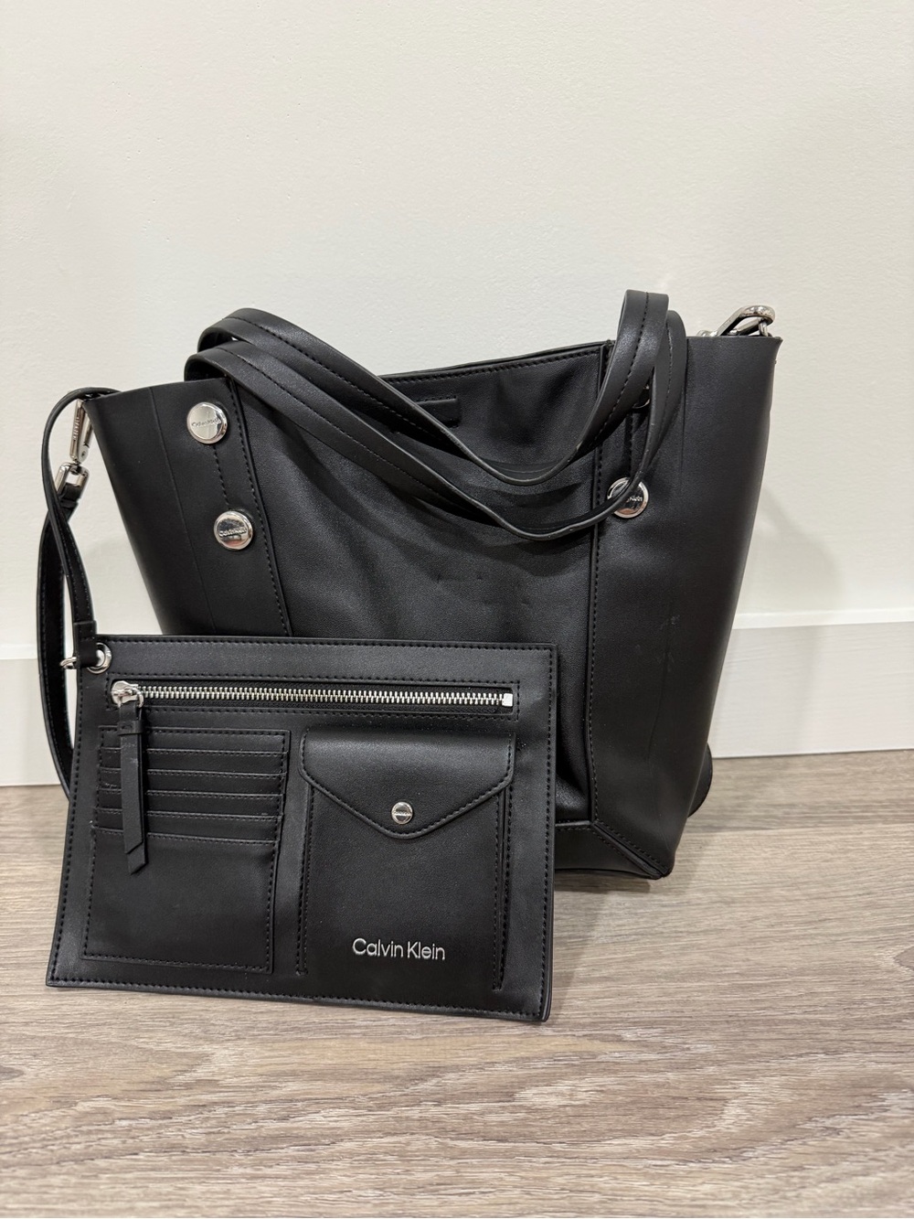 Calvin Klein Black Leather Shoulder Bucket Bag with Silver Hardware